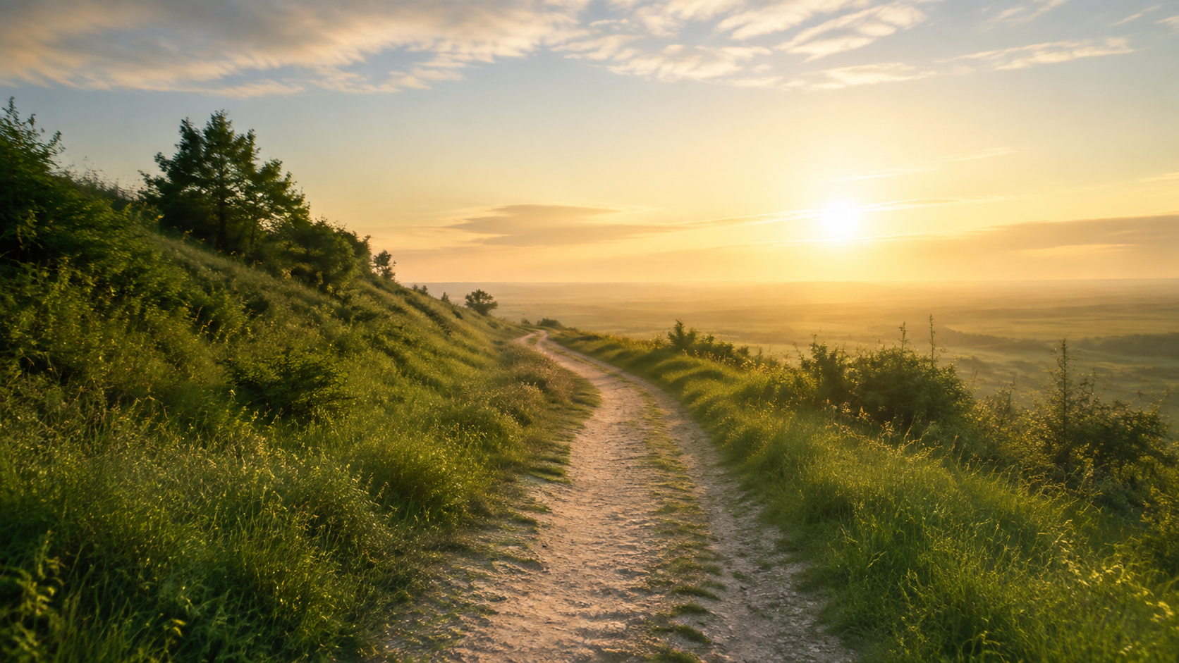 A countryside path leading toward a sunlit morning horizon.