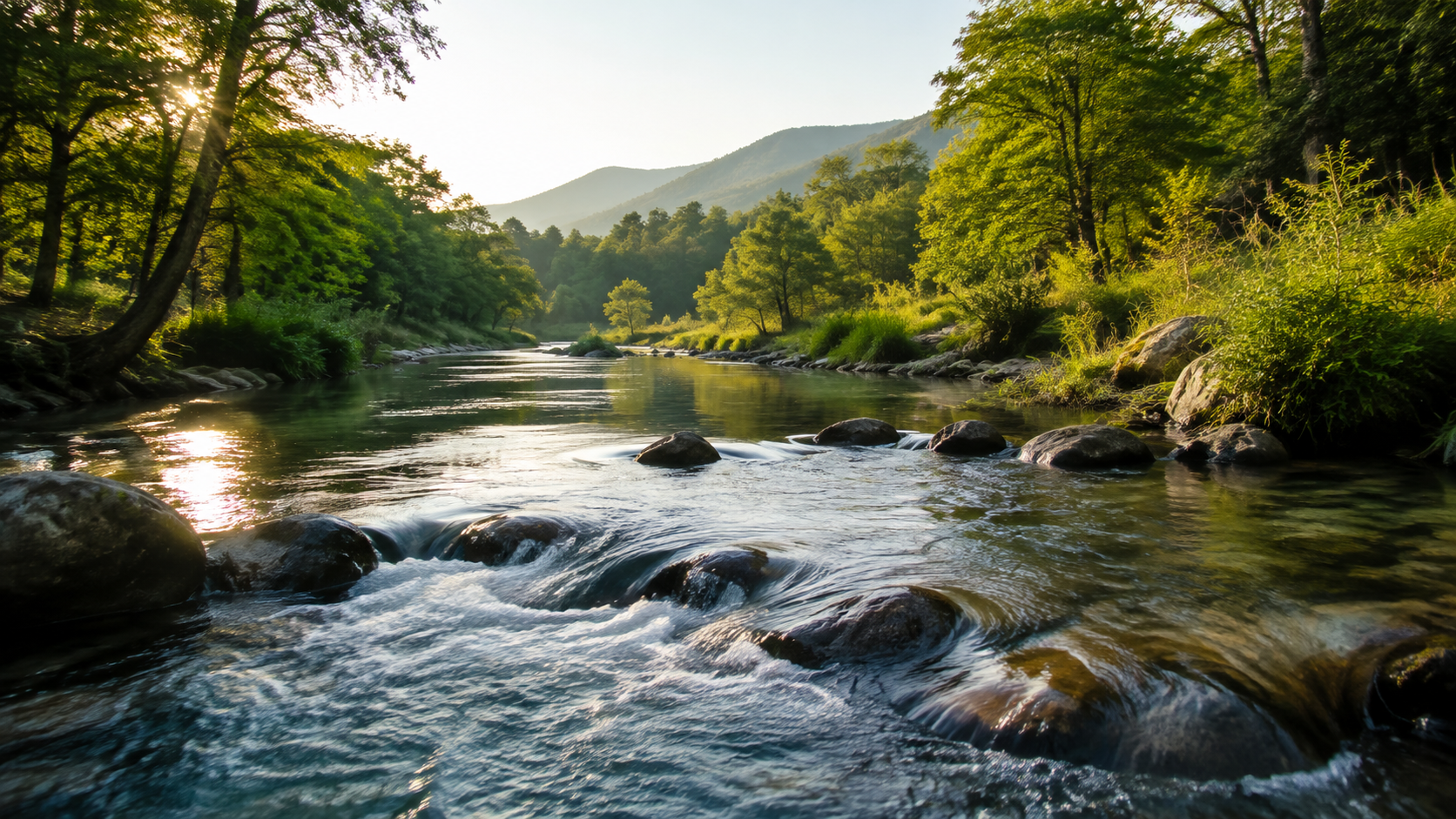 A clear river flowing over rocks between green banks in morning light.